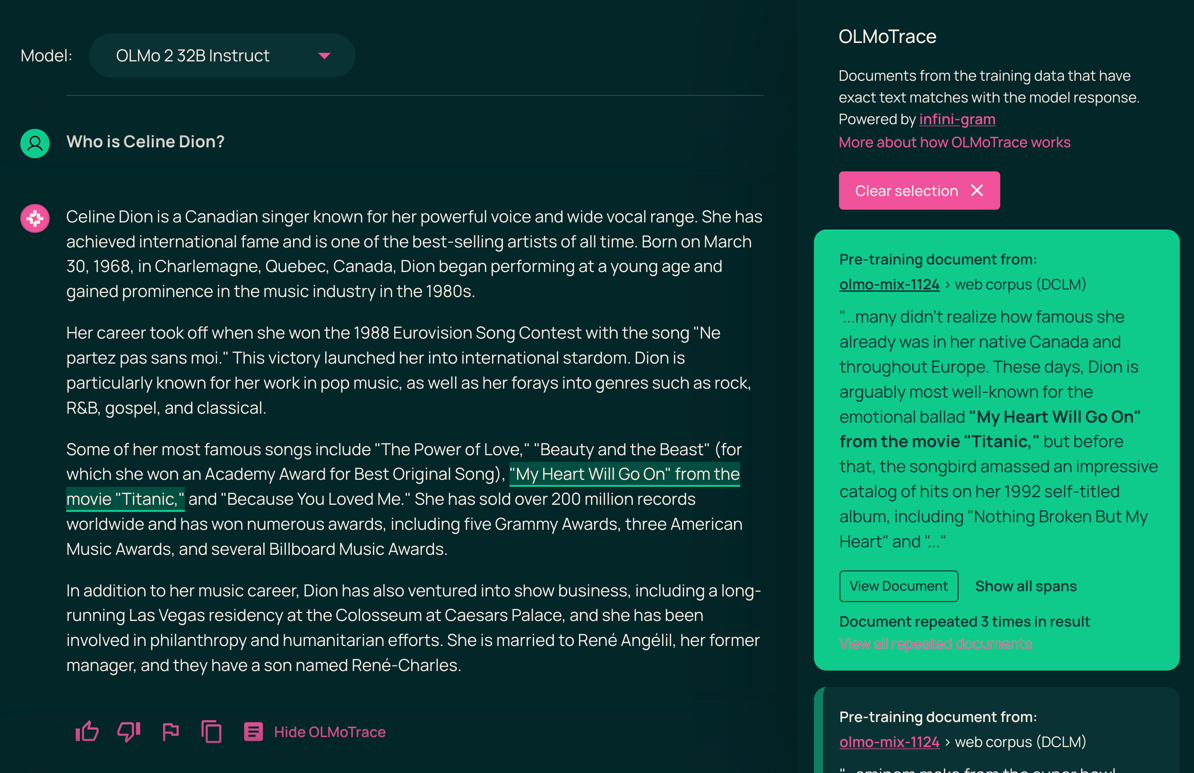 Screenshot of OLMoTrace in action. The OLMoTrace panel shows a highlighted document with a bolded text span, '"My Heart Will Go On" from the movie "Titanic"', which exactly matches the highlighted text span in the model output.
