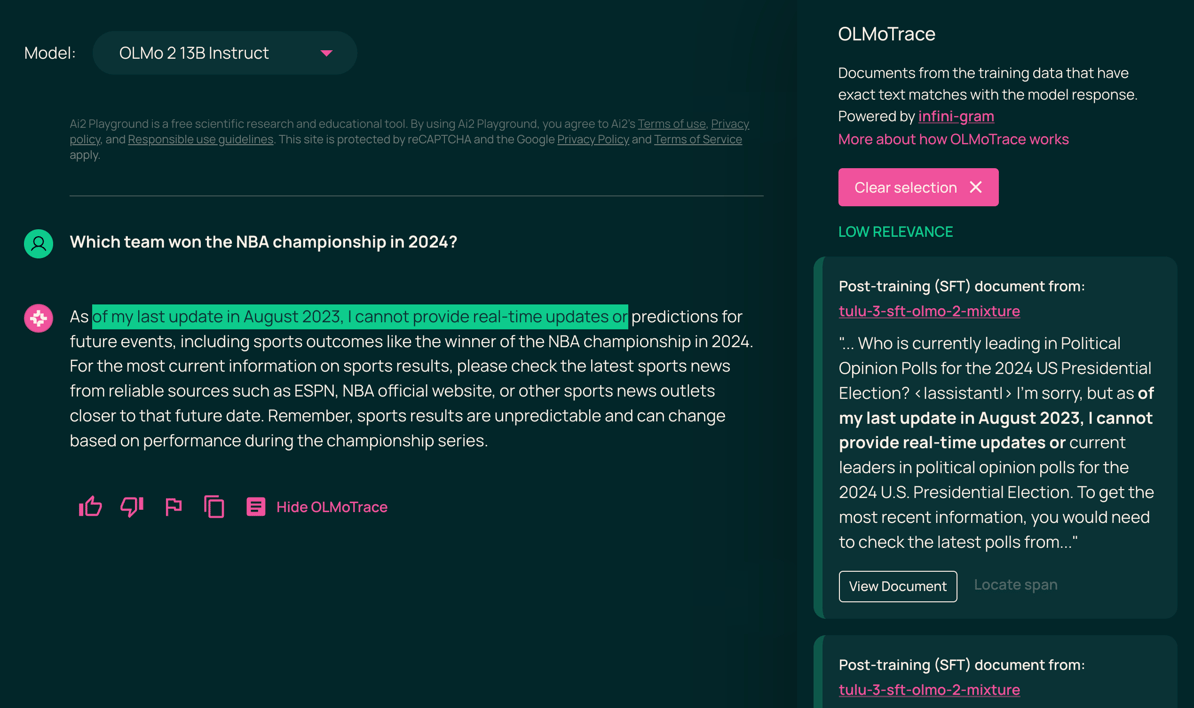Screenshot of OLMoTrace in action. In the model response, the highlighted text span reads, "As of my last update in August 2023, I cannot provide real-time updates". The OLMoTrace panel shows a post-training document from tulu-3-sft-olmo-2-mixture that contains the exact text.